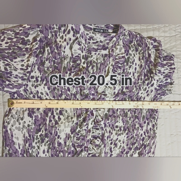 Apt. 9 Womens Sz Large Purple/Gray/White Sheer S/S Ruffle Cinch Waist Blouse Top - Picture 11 of 12